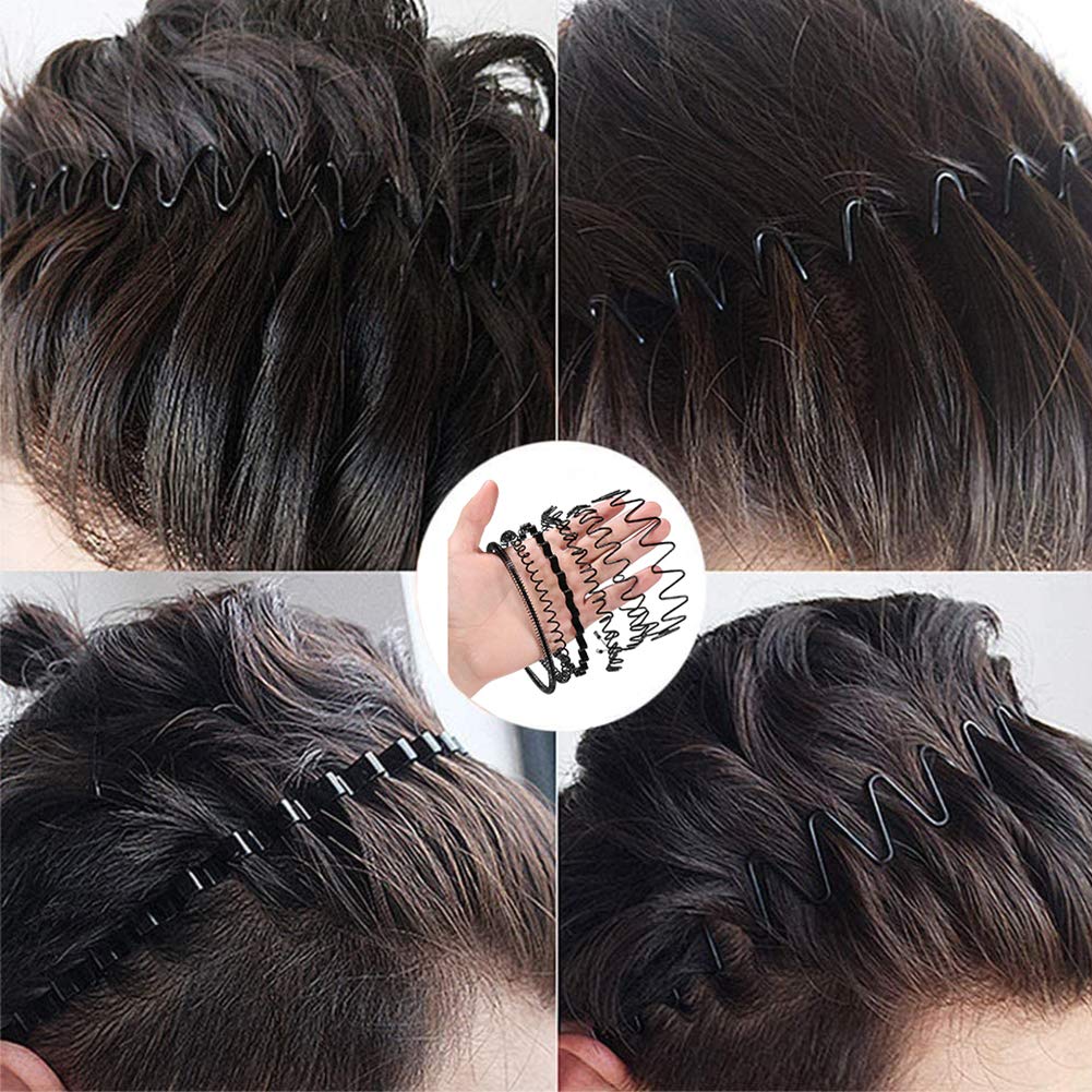 Hair Hoop,6Pcs Unisex Wavy Headband Metal Hair Hoop Multi-style Wave Spring  Headband Wavy Comb Hair Band Accessories for Men and Women Black